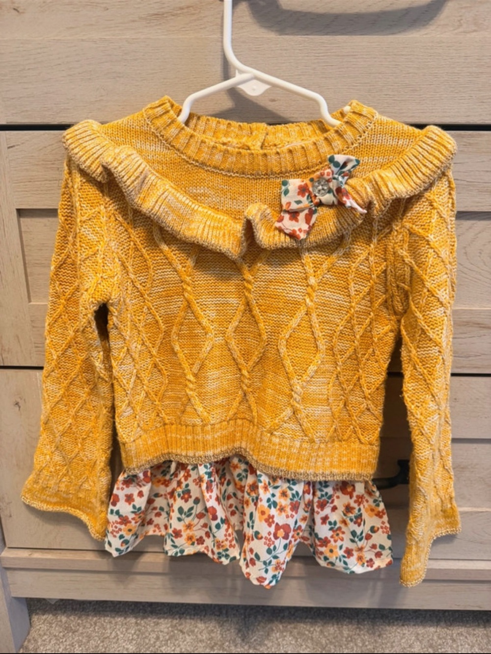 Little Lass Girls' Mustard Ruffle Knit Sweater with Floral Hem
